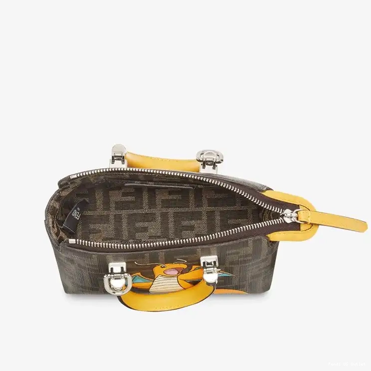Vintage HOT Boston Way In Pokmon The By Motif Fabric Brown Dragon Bag FF Fendi Yellow Mini 0511